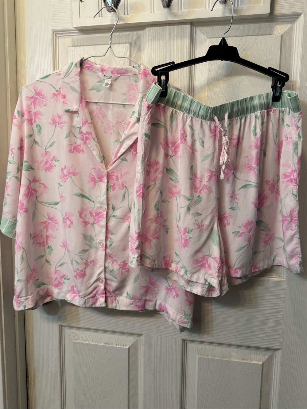 Martha Stewart Pink Floral Two-Piece Pajama Set with Mint Trim
